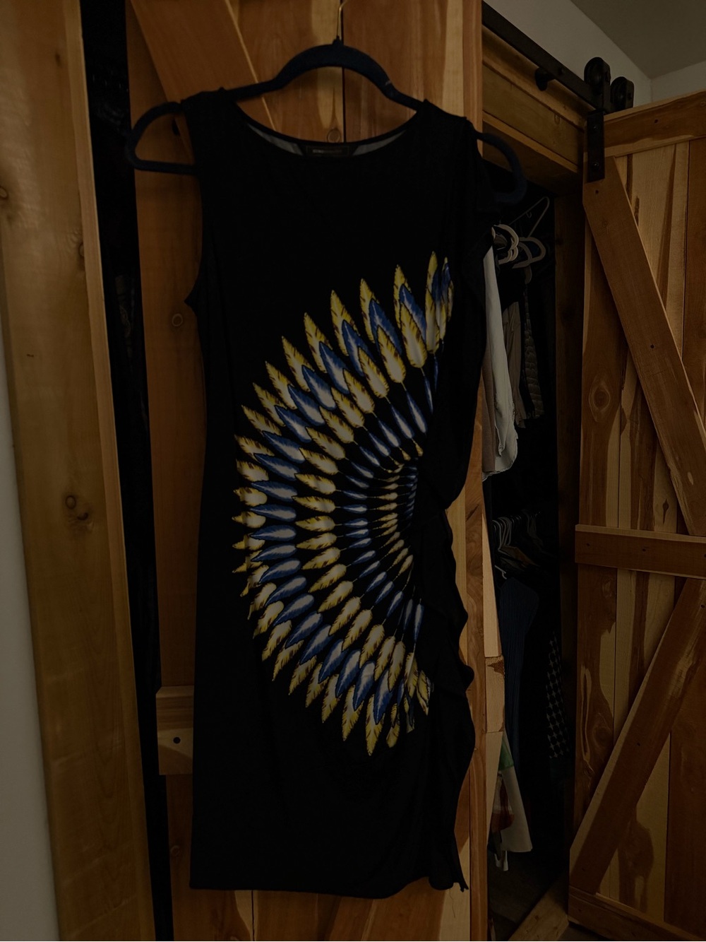 BCBGMaxAzria Black Dress with Blue and Yellow Radial Print